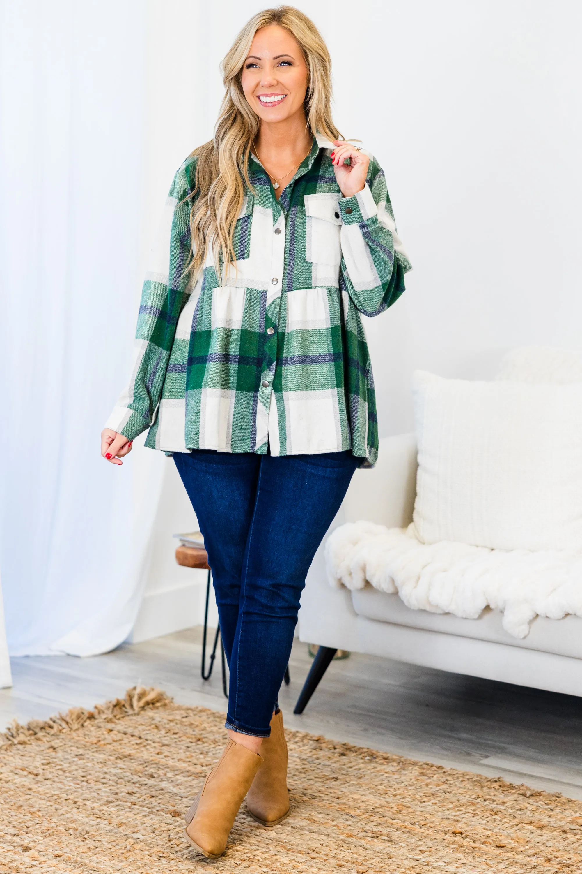 Cozy Plaid Babydoll Shacket, Green