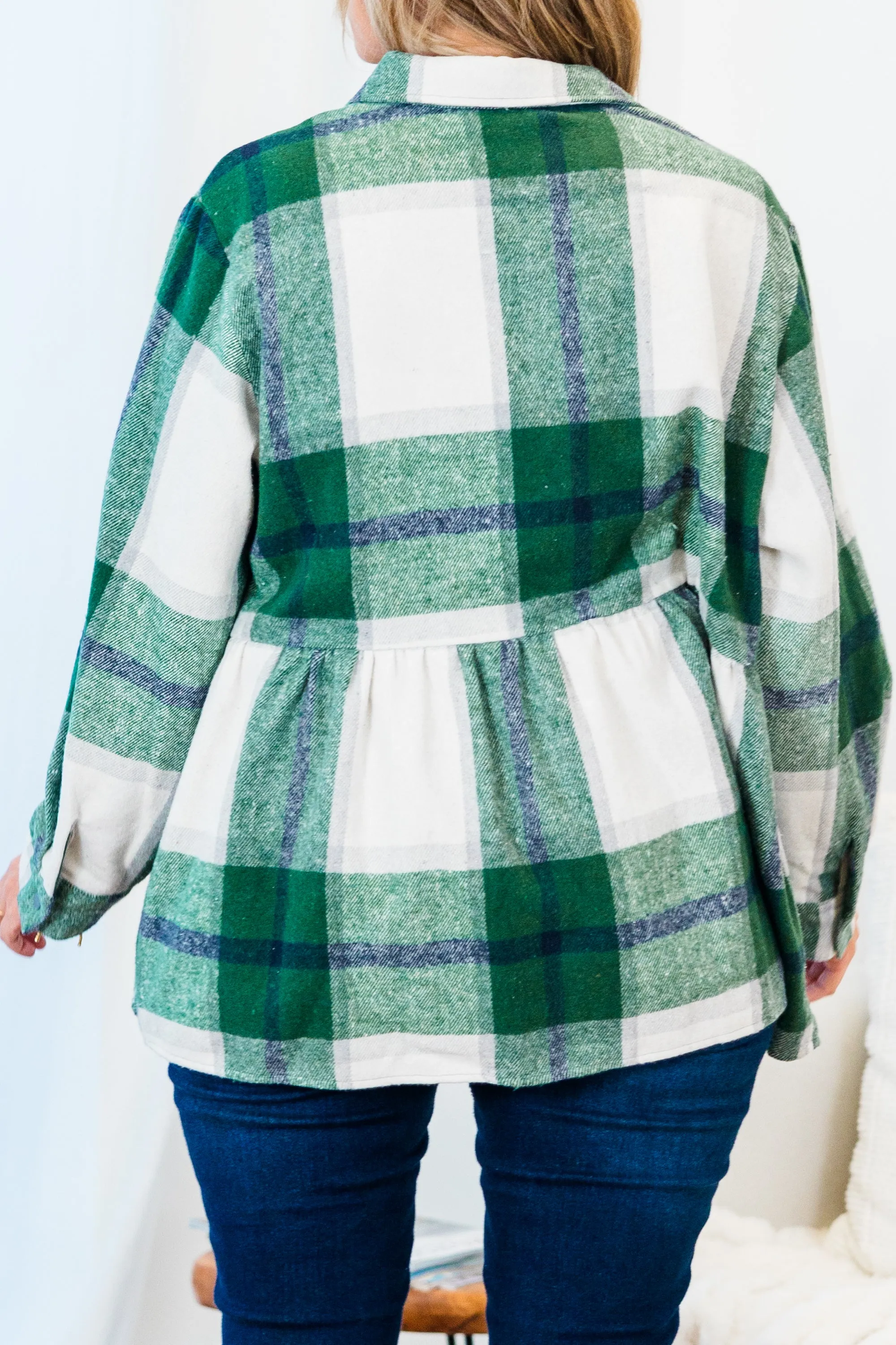 Cozy Plaid Babydoll Shacket, Green