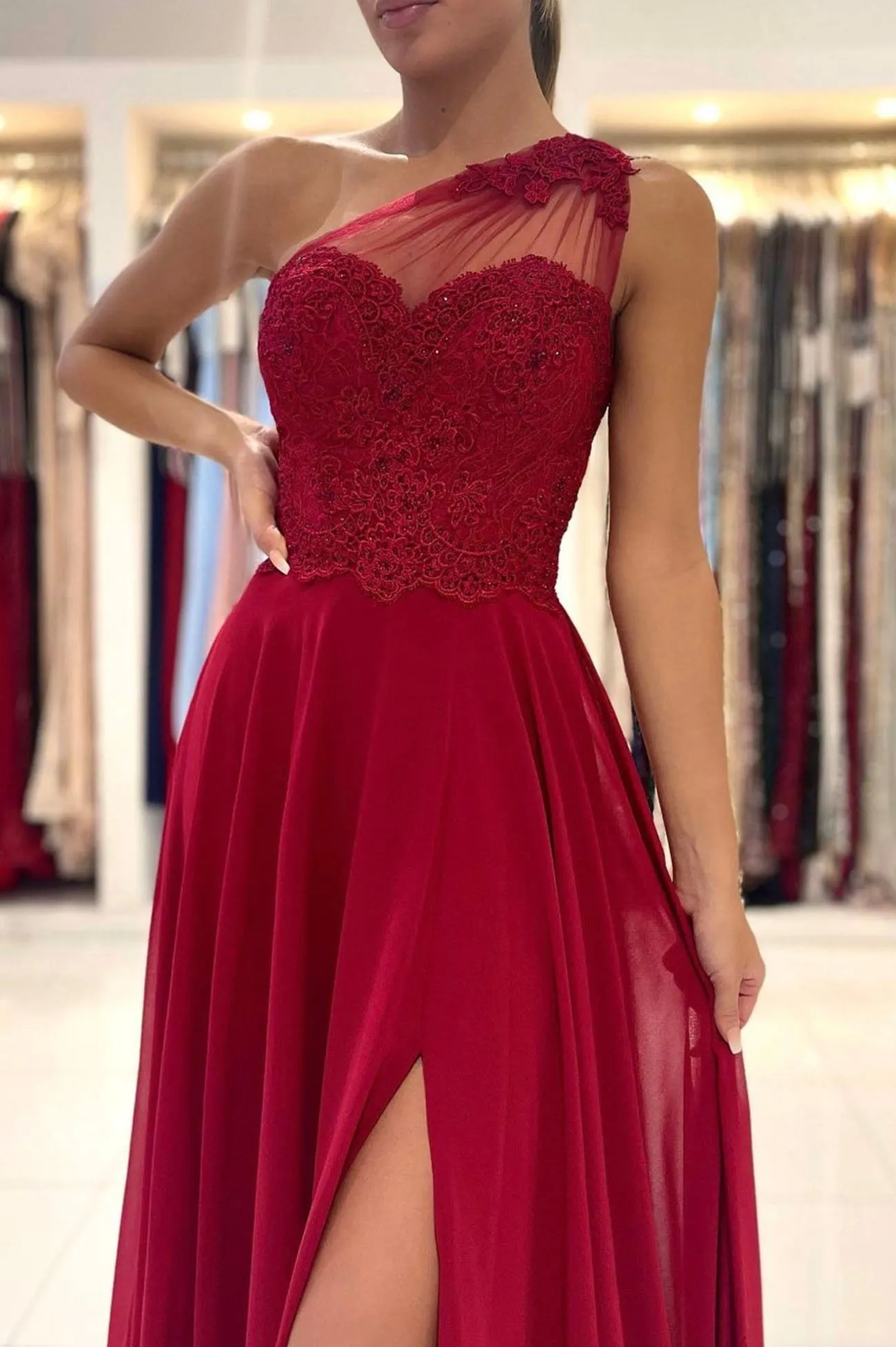 Cute One Shoulder Chiffon Lace Long Prom Dress