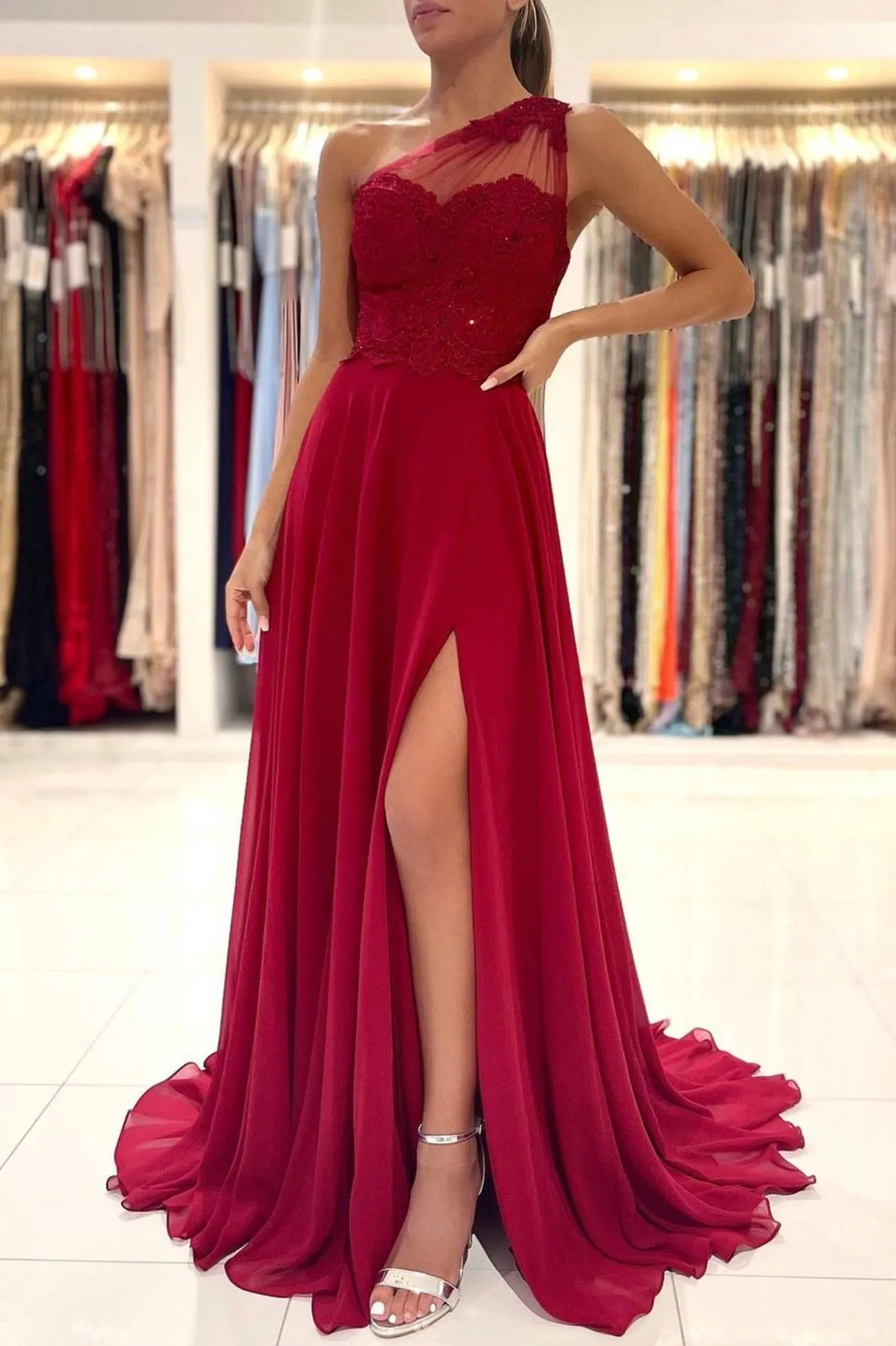 Cute One Shoulder Chiffon Lace Long Prom Dress