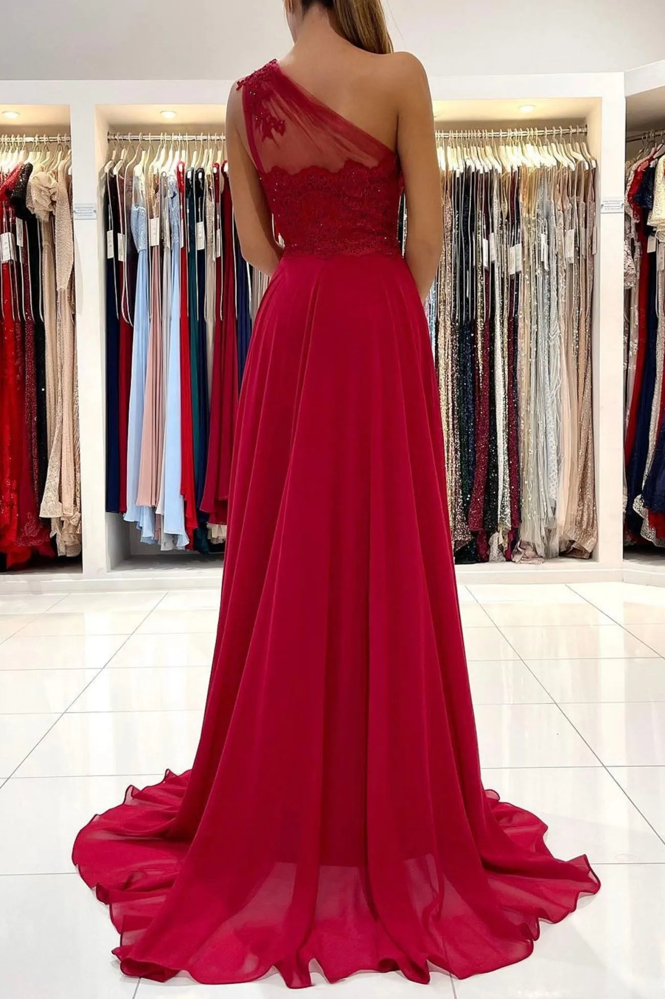 Cute One Shoulder Chiffon Lace Long Prom Dress