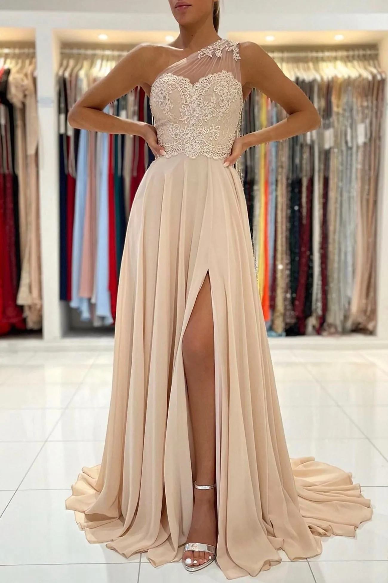 Cute One Shoulder Chiffon Lace Long Prom Dress