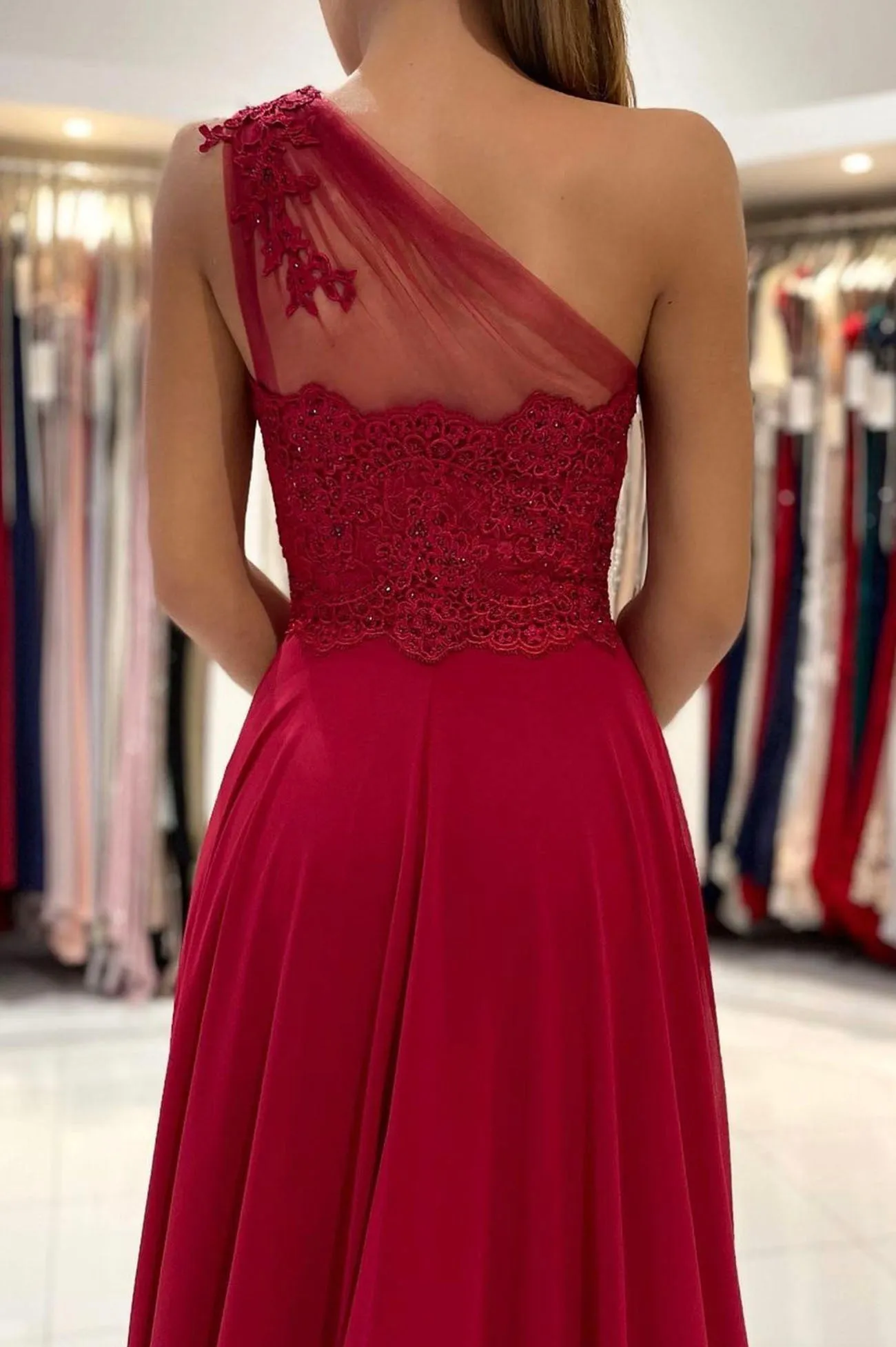 Cute One Shoulder Chiffon Lace Long Prom Dress