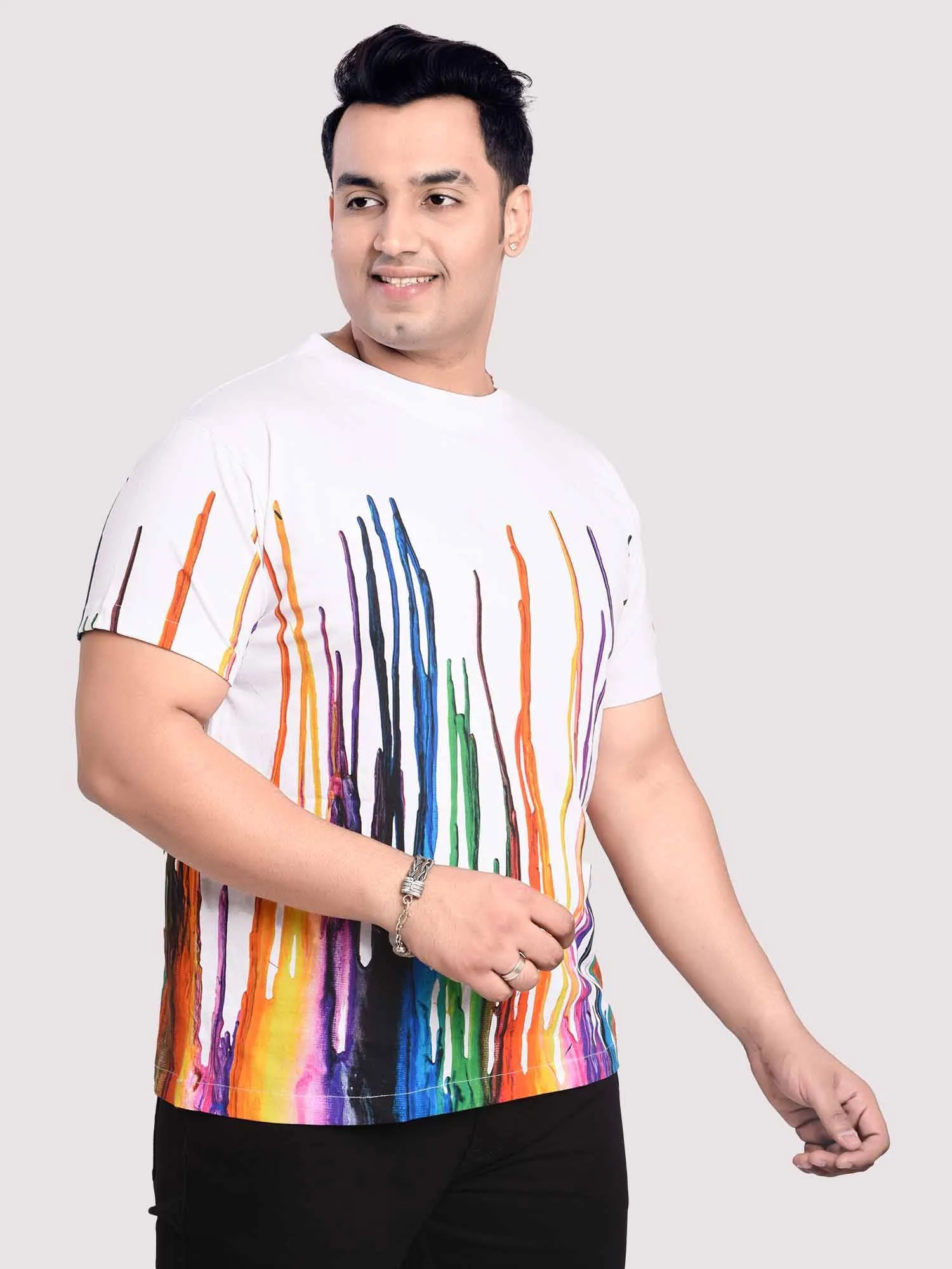 Dancing Fountain White Digital Printed Round Neck T-Shirt Men's Plus Size