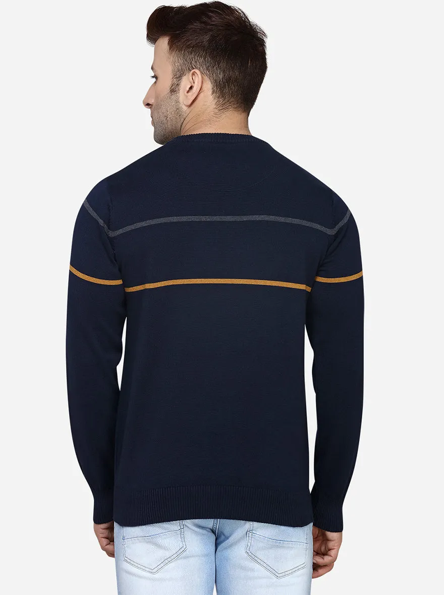 Dark Blue Striped Slim Fit T-Shirt | JadeBlue