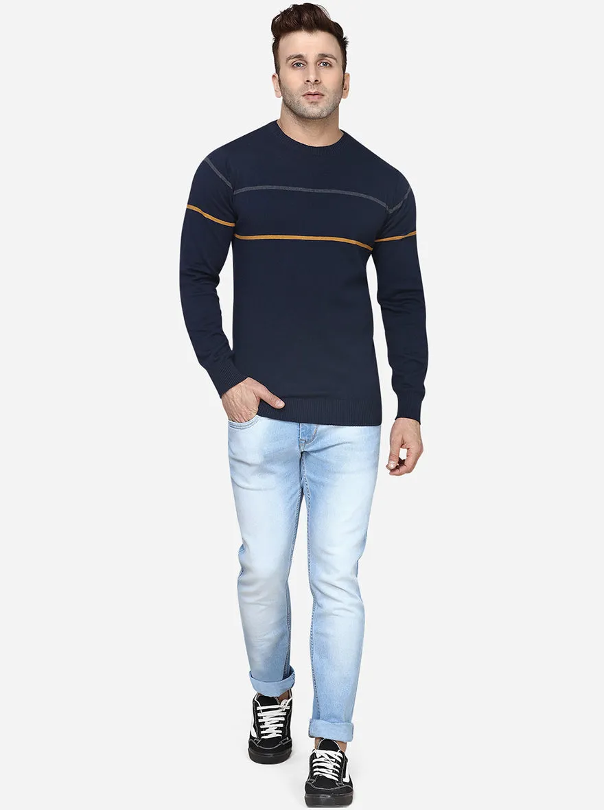 Dark Blue Striped Slim Fit T-Shirt | JadeBlue