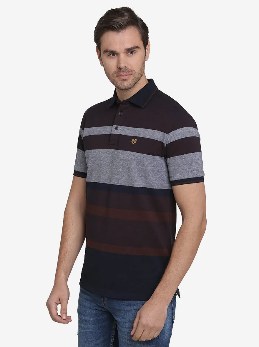 Dark Brown & Grey Striped Slim Fit Polo T-shirt  | JadeBlue