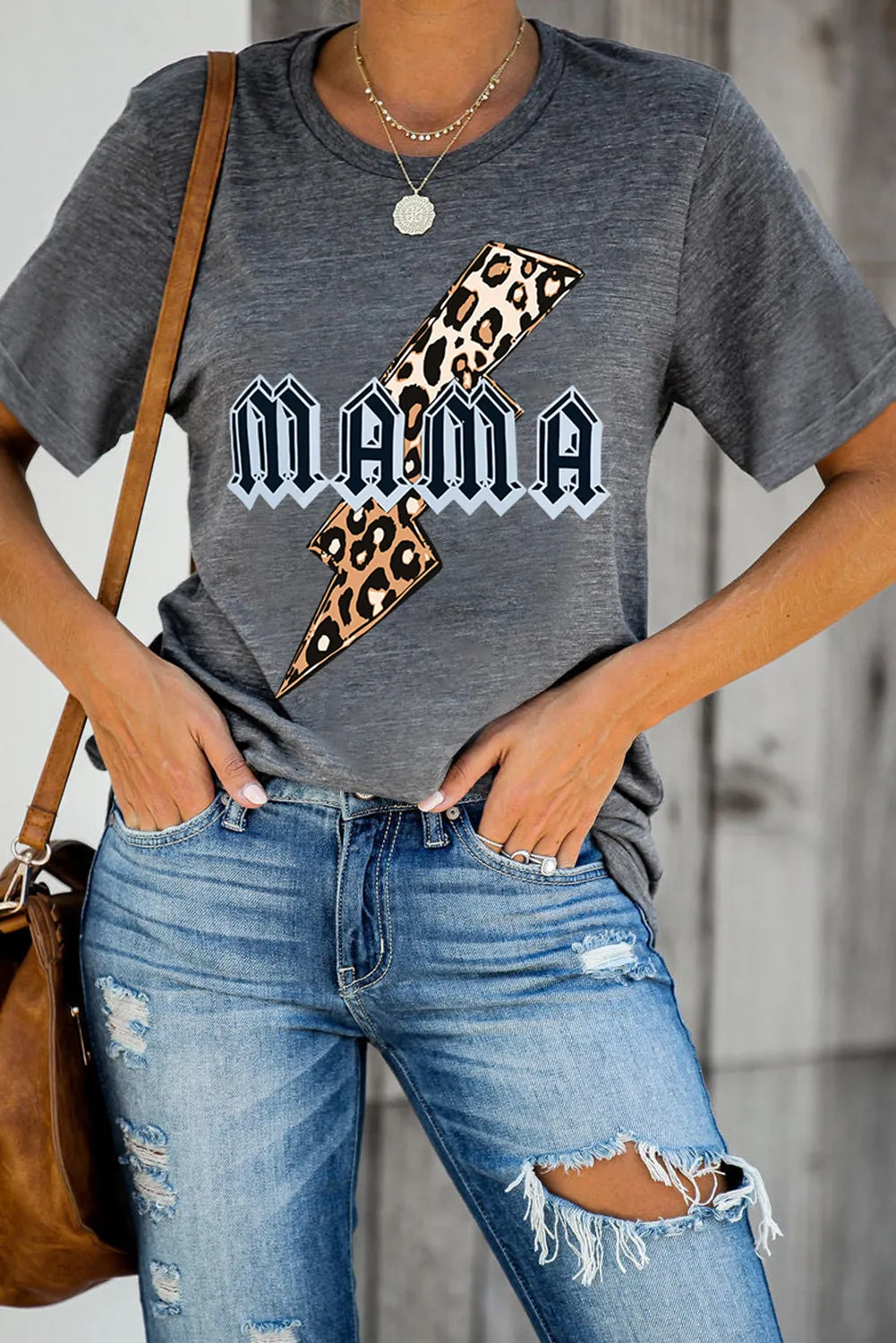 Dark Gray Mama Leopard Print Graphic T-Shirt