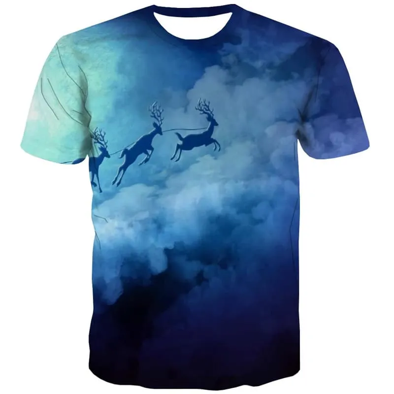 Deer T-shirt Men Animal T shirts Funny Christmas Shirt Print Blue Tshirts Casual Cloud Tshirts Novelty