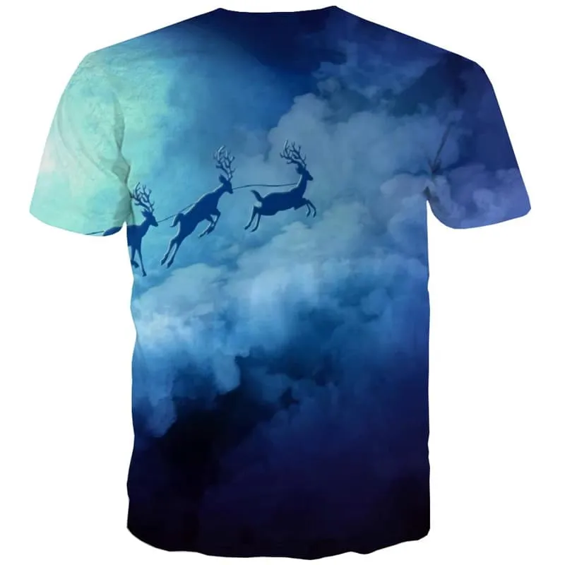 Deer T-shirt Men Animal T shirts Funny Christmas Shirt Print Blue Tshirts Casual Cloud Tshirts Novelty