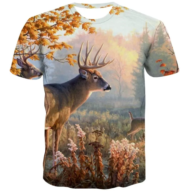 Deer T-shirt Men Animal Tshirts Casual Forest T-shirts 3d Tree Tshirt Printed