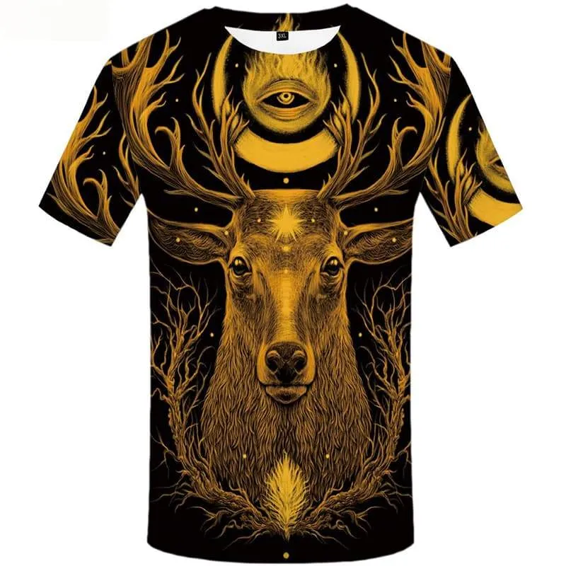 Deer T shirts Men Galaxy T-shirts 3d Yellow T shirts Funny Animal Tshirt Printed Tree T-shirts Graphic Short Sleeve Hip hop