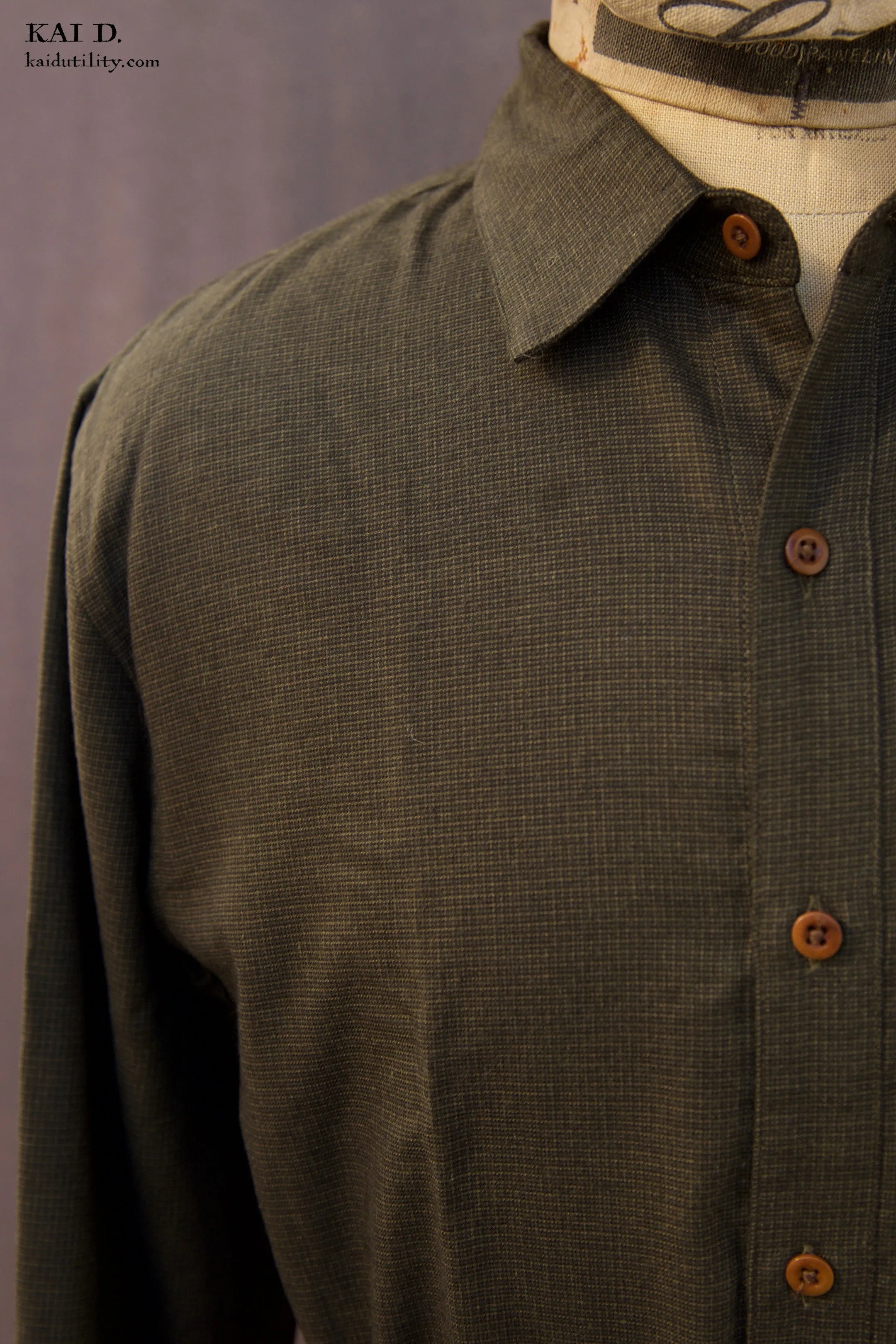 Delancey Shirt - Green Cotton Tencel Microcheck - S, M