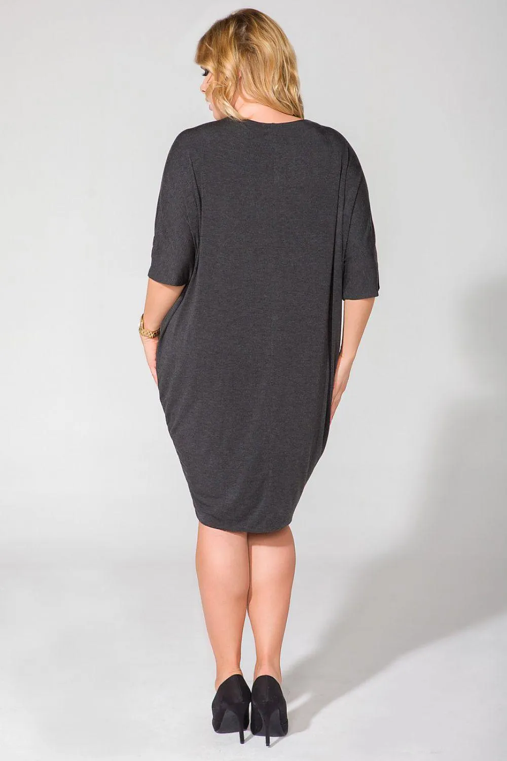 Elegant Draped V-Neck Knit Dress with Edgy Raw Hem Finish