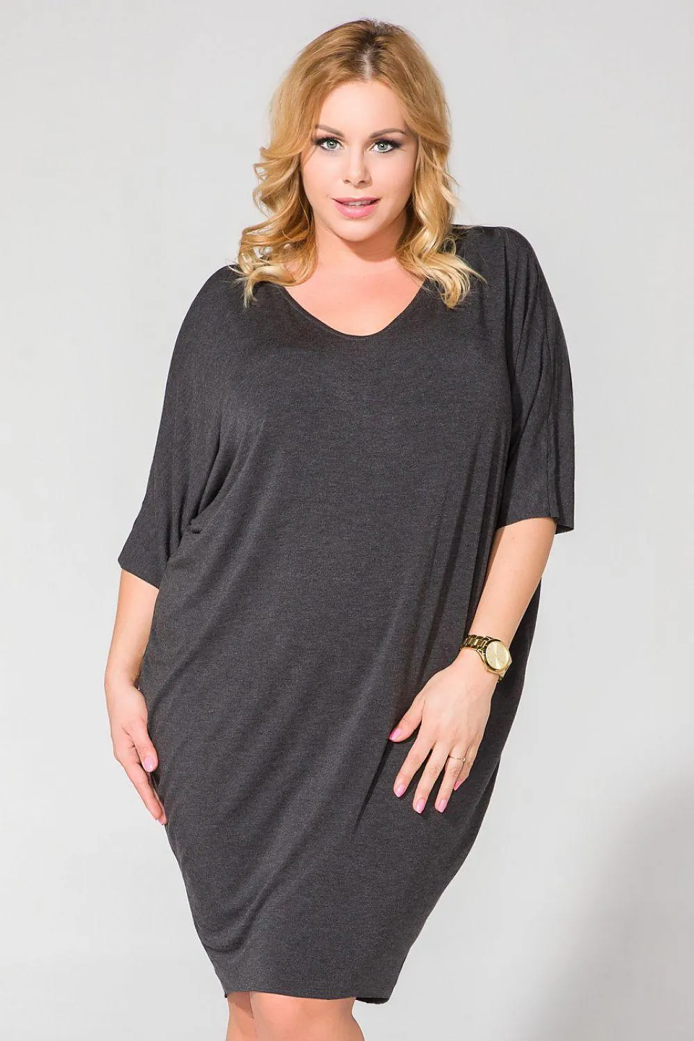 Elegant Draped V-Neck Knit Dress with Edgy Raw Hem Finish