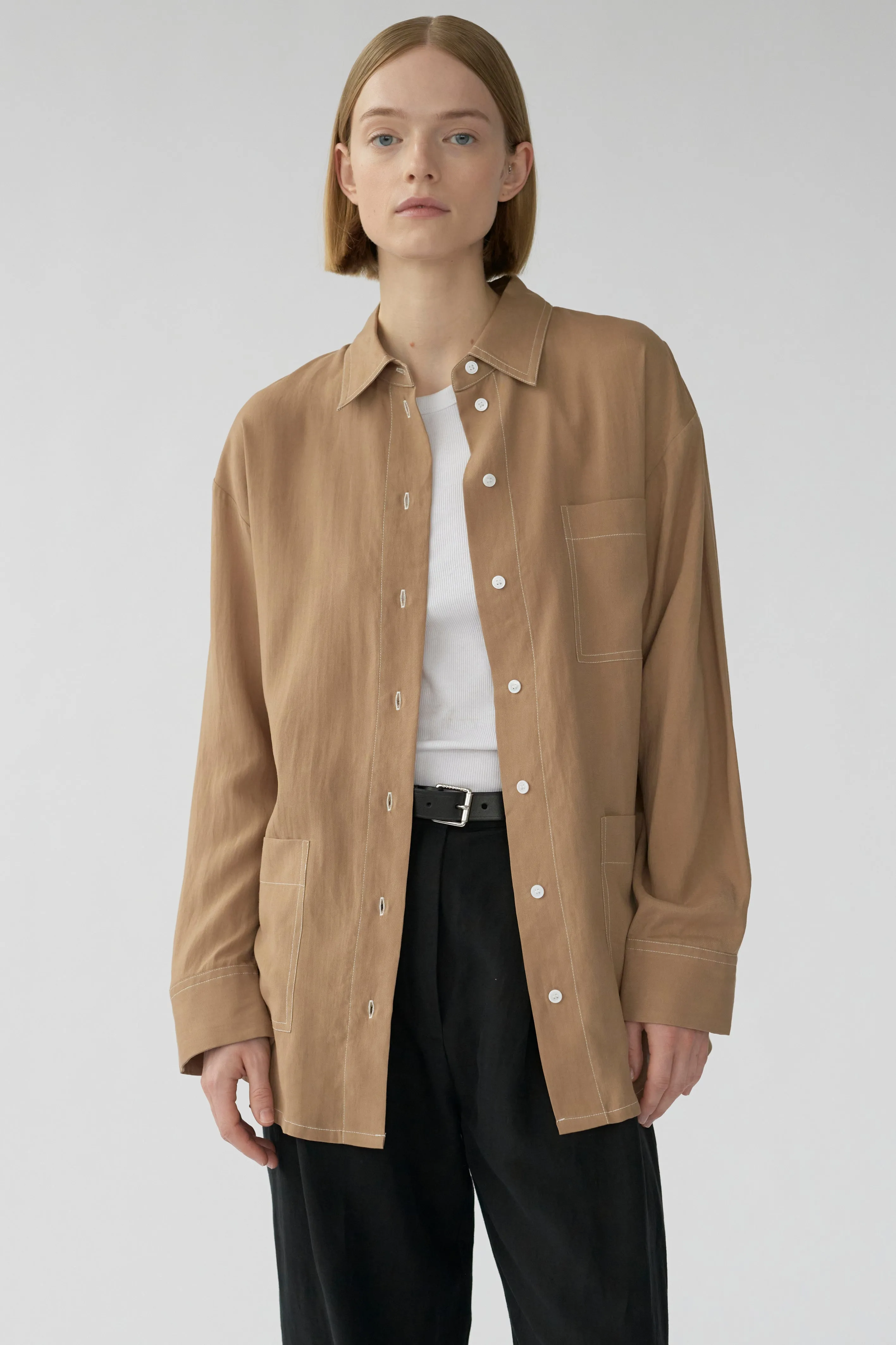 ELIZA POCKET SHIRT - TOBACCO - RECYCLED SILK/TENCEL