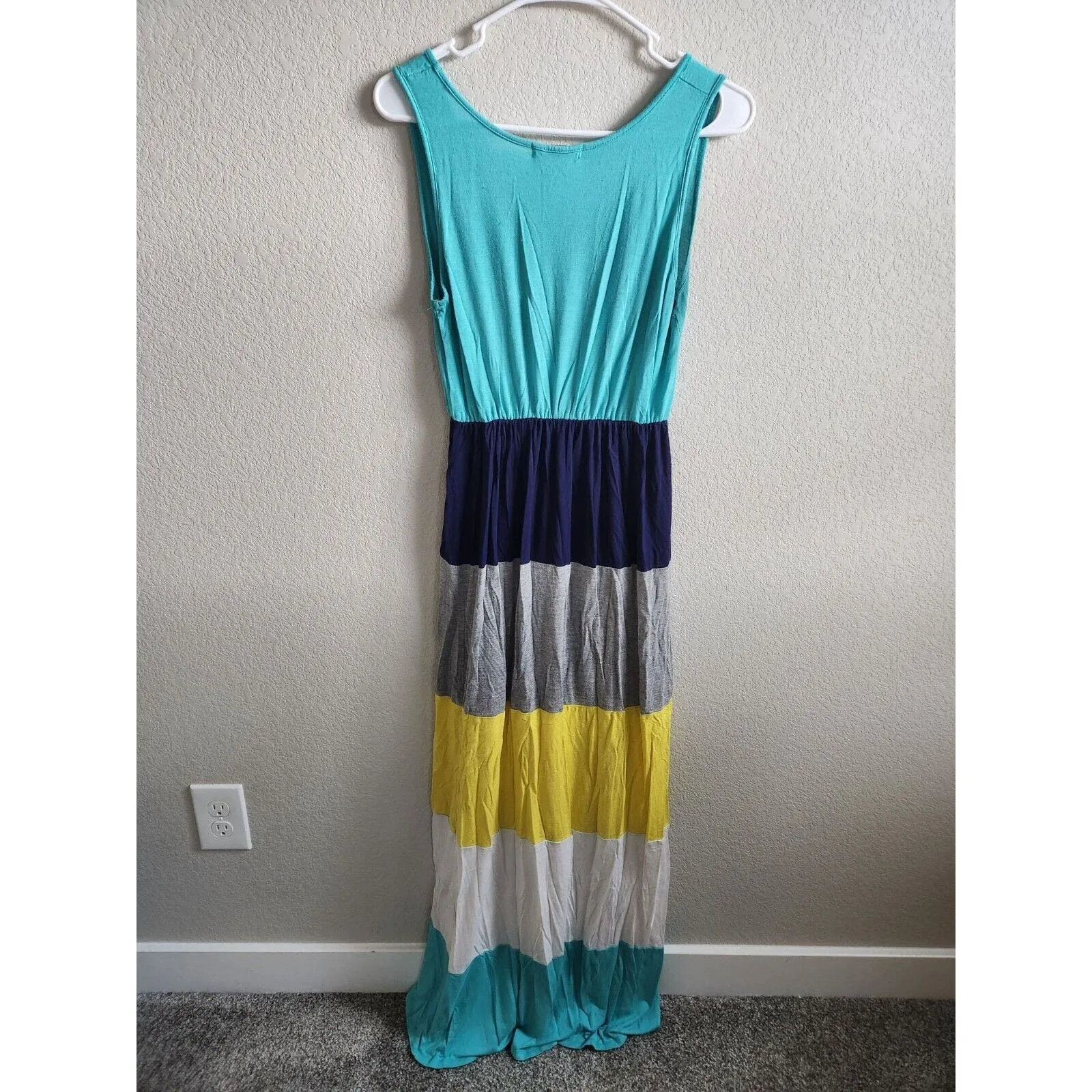 Eloges Womens Sz S Maxi Dress Sleeveless Jersey Knit Bright Striped Shirt Dress