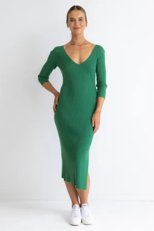 Equinox Kelly Green Half Sleeve V Neck Tie Back Rib Knit Midi Dress