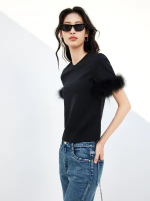 Feather Trimmed Cotton T-shirt