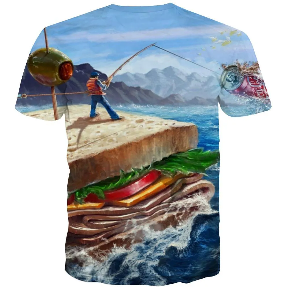 fishing T-shirt Men fish Shirt Print sandwich Tshirts Cool Short Sleeve Hip hop