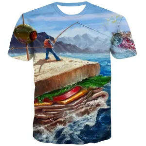 fishing T-shirt Men fish Shirt Print sandwich Tshirts Cool Short Sleeve Hip hop