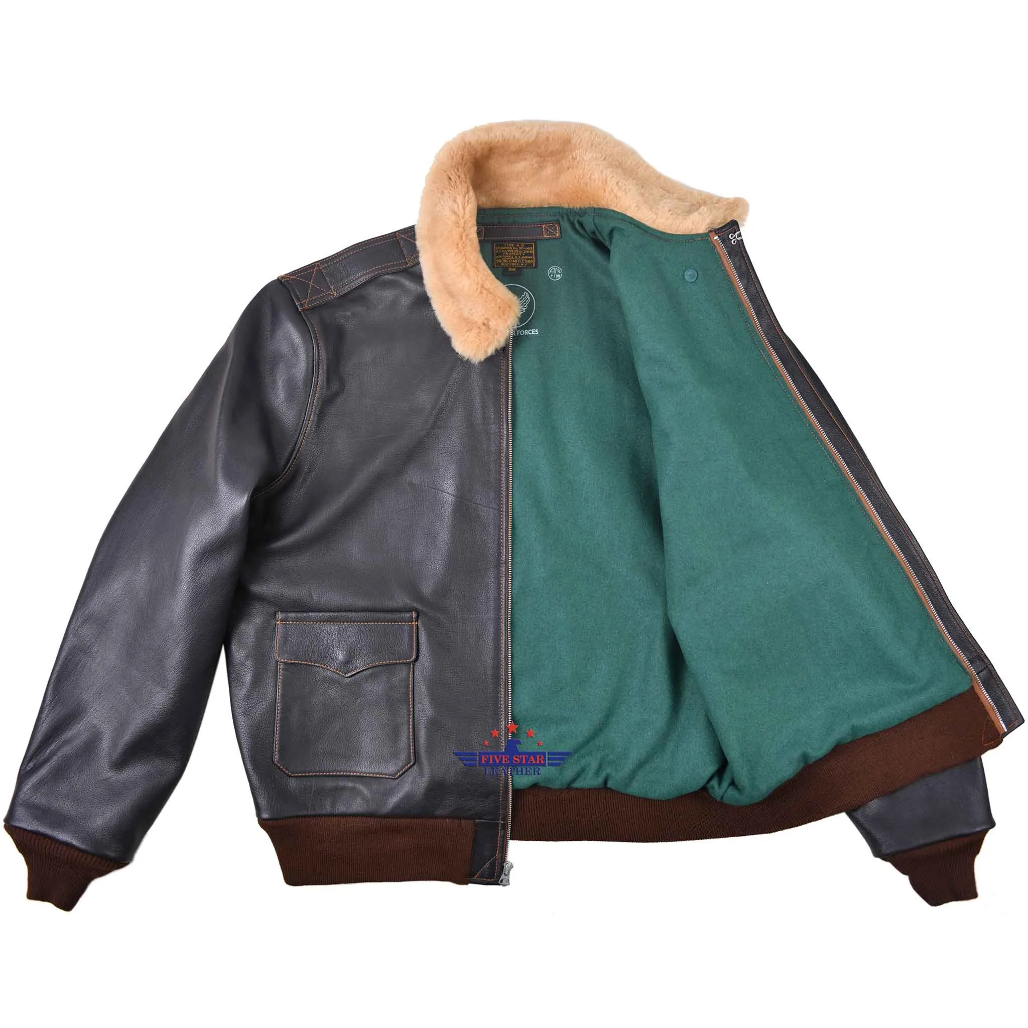 FiveStar Leather - Type A2 Winterized Repro Military Flight Jacket Real Goatskin Leather Seal Brown