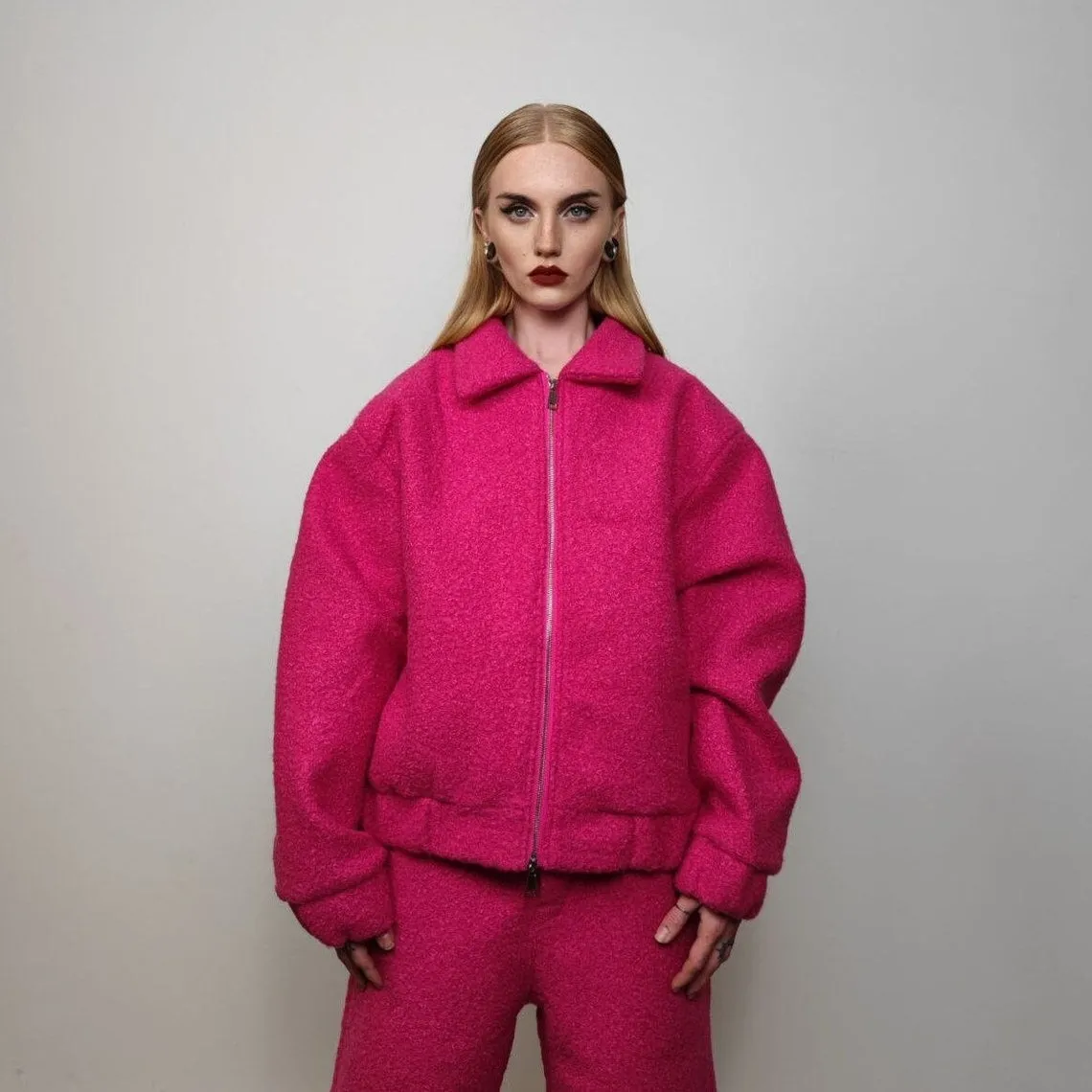 Fleece woolen varsity fuchsia aviator jacket grunge furry neon tracksuit barbie track jacket pinkcore coat going out party set bright pink