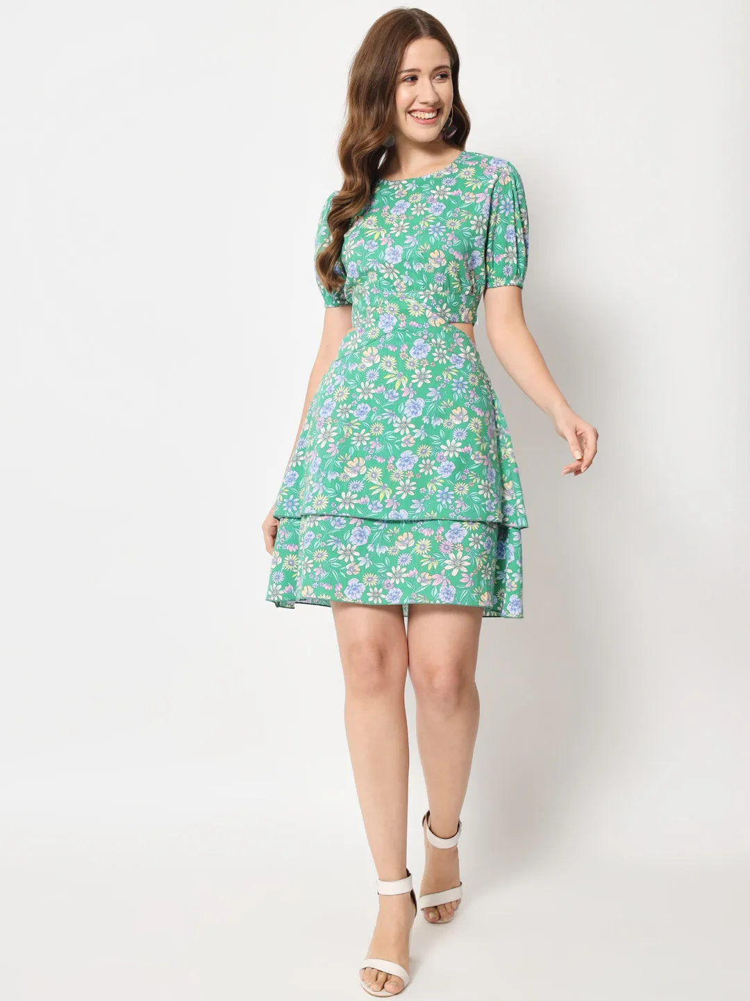 Floral Printed Cut-Out Detail Cotton Dress