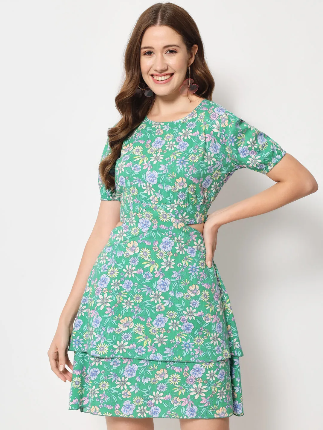 Floral Printed Cut-Out Detail Cotton Dress