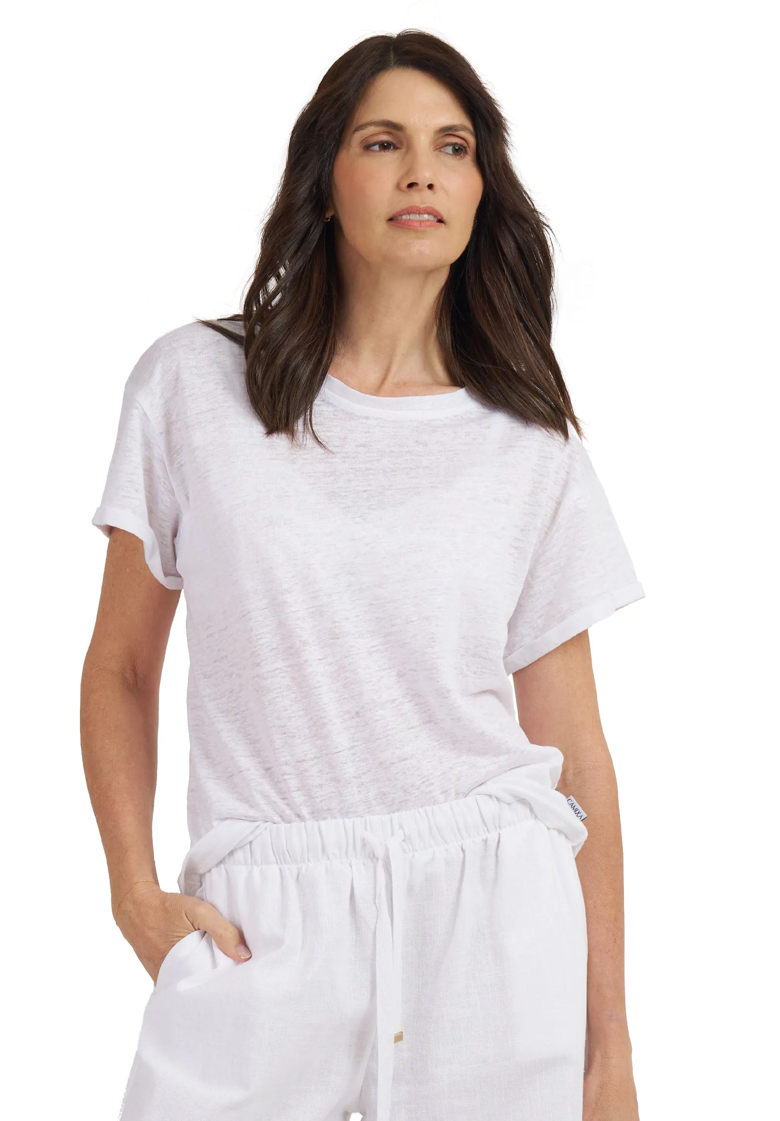 Francy-Linen White Rolled Sleeve T-Shirt