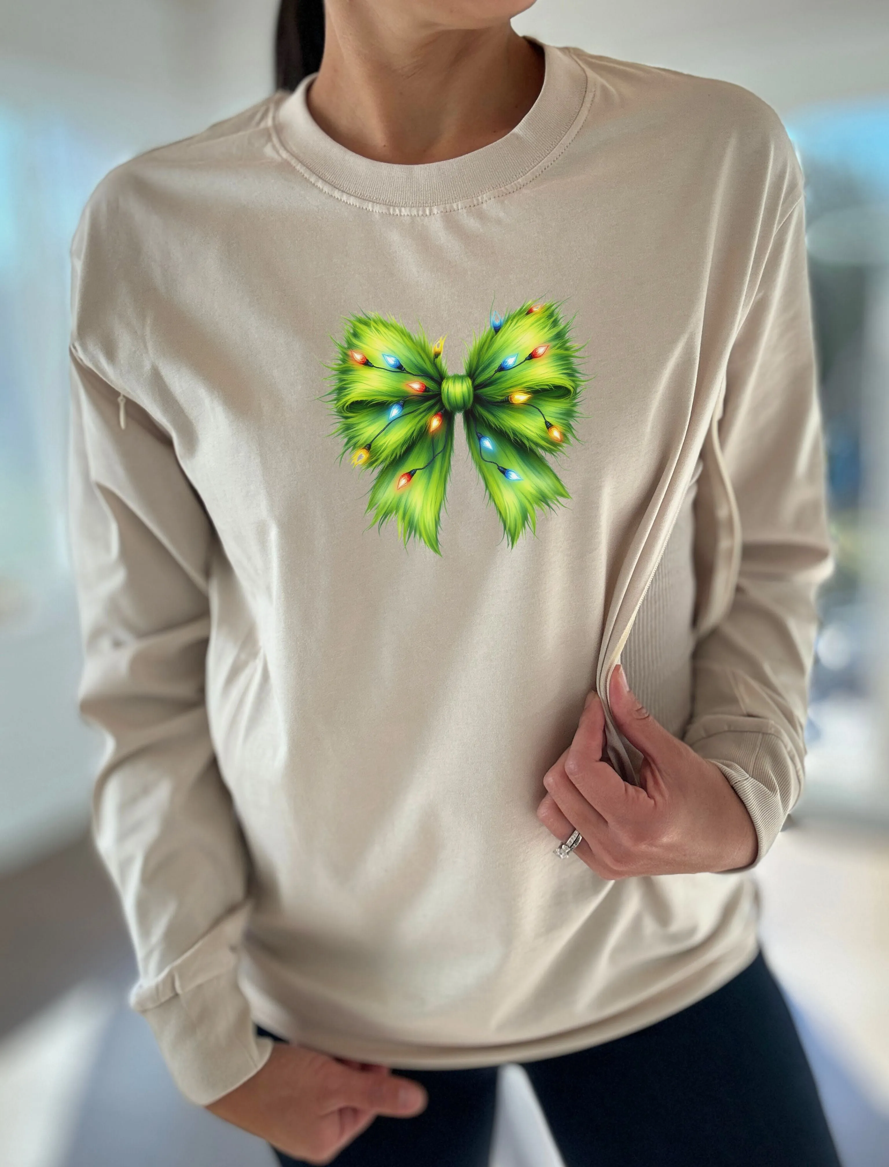 Fuzzy Christmas Bow Long Sleeve Comfort Tee