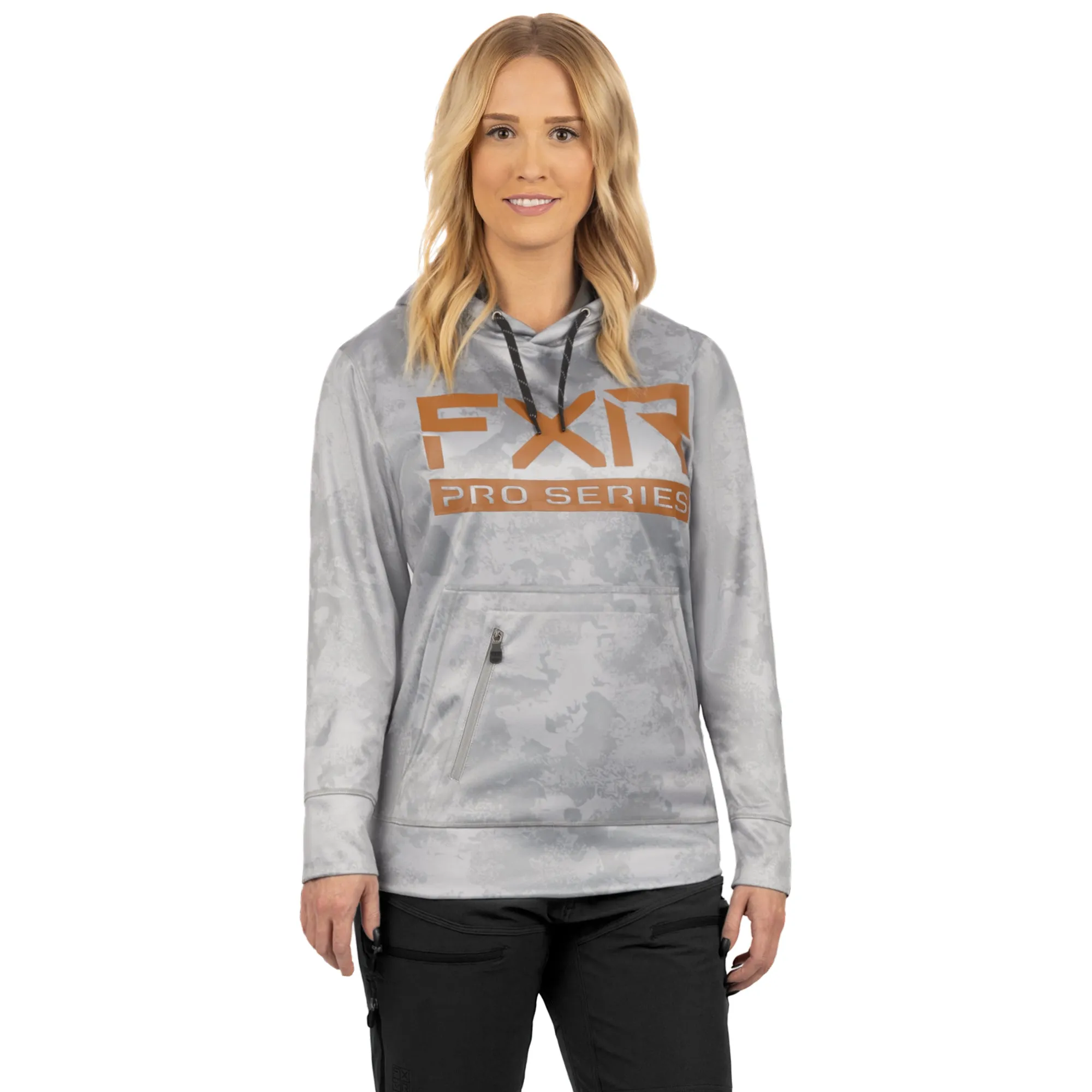 FXR  Pro Tech Pullover Hoodie Water Resistant Zippered Pouch Grey Camo Bronze