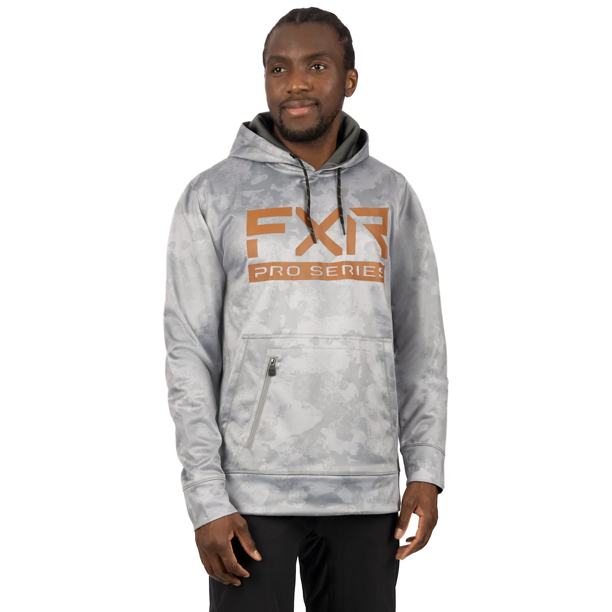 FXR  Pro Tech Pullover Hoodie Water Resistant Zippered Pouch Grey Camo Bronze