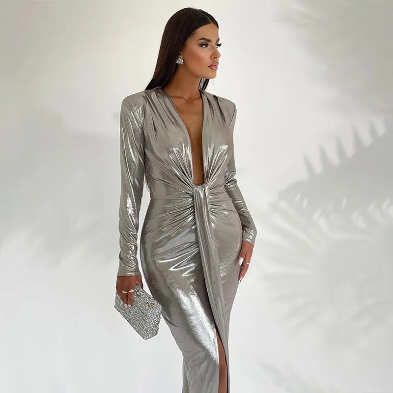 Glitter V Neck Long Sleeve  Maxi Dress  Shiny Sexy PU Leather Dress