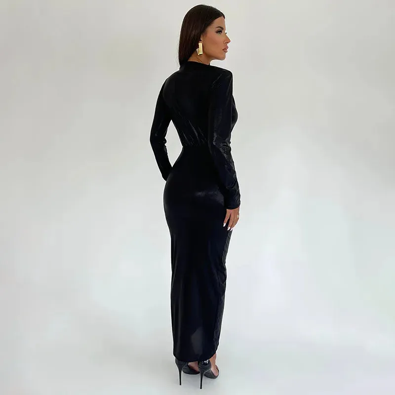 Glitter V Neck Long Sleeve  Maxi Dress  Shiny Sexy PU Leather Dress