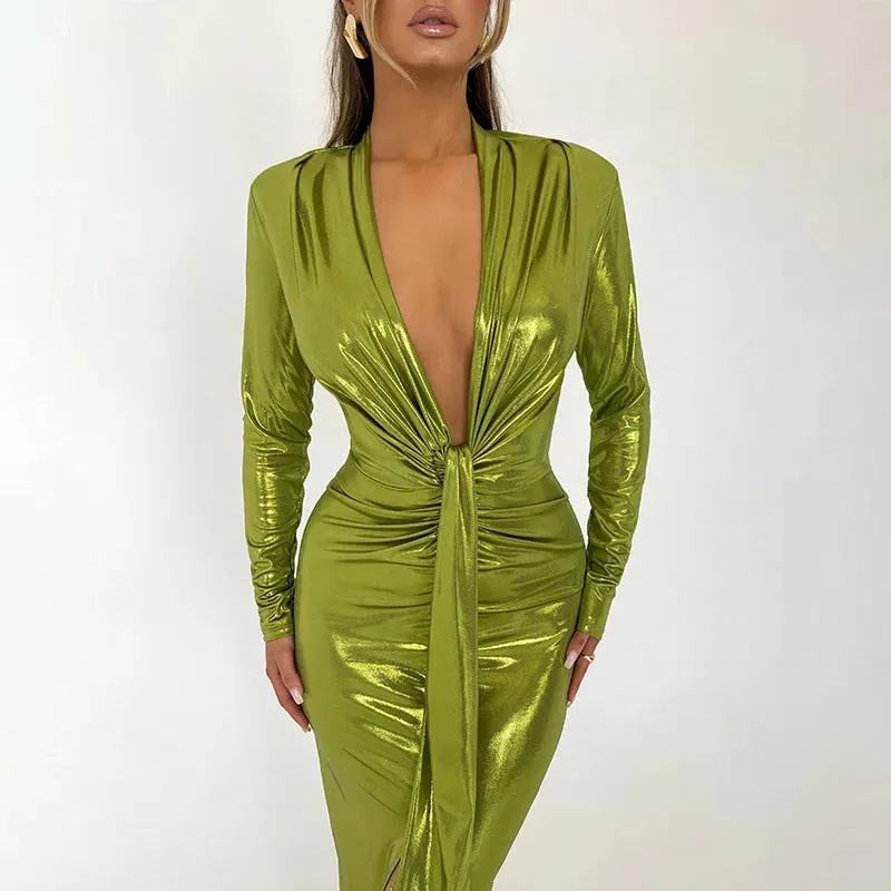 Glitter V Neck Long Sleeve  Maxi Dress  Shiny Sexy PU Leather Dress