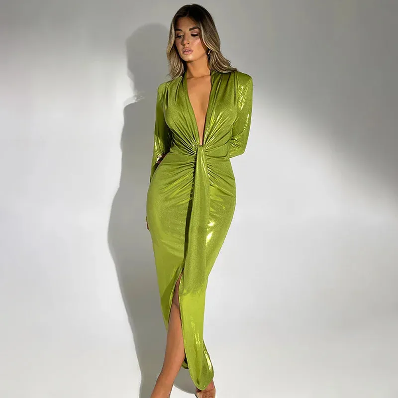 Glitter V Neck Long Sleeve  Maxi Dress  Shiny Sexy PU Leather Dress