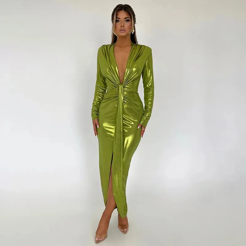 Glitter V Neck Long Sleeve  Maxi Dress  Shiny Sexy PU Leather Dress