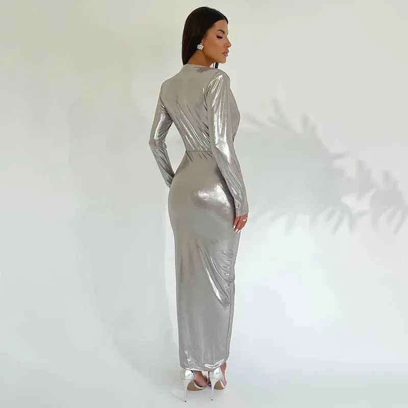 Glitter V Neck Long Sleeve  Maxi Dress  Shiny Sexy PU Leather Dress