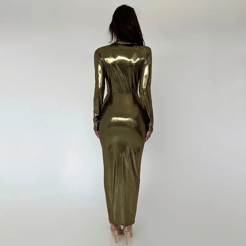 Glitter V Neck Long Sleeve  Maxi Dress  Shiny Sexy PU Leather Dress