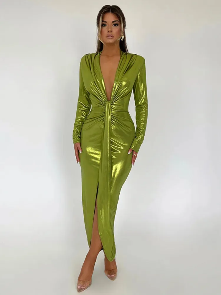 Glitter V Neck Long Sleeve  Maxi Dress  Shiny Sexy PU Leather Dress