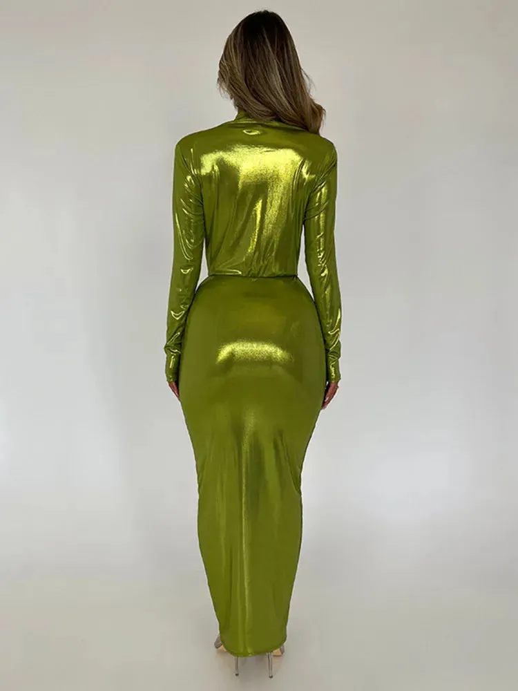 Glitter V Neck Long Sleeve  Maxi Dress  Shiny Sexy PU Leather Dress