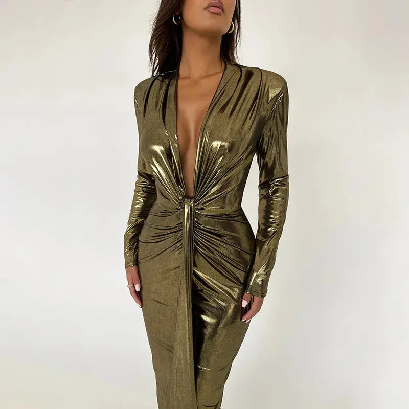 Glitter V Neck Long Sleeve  Maxi Dress  Shiny Sexy PU Leather Dress