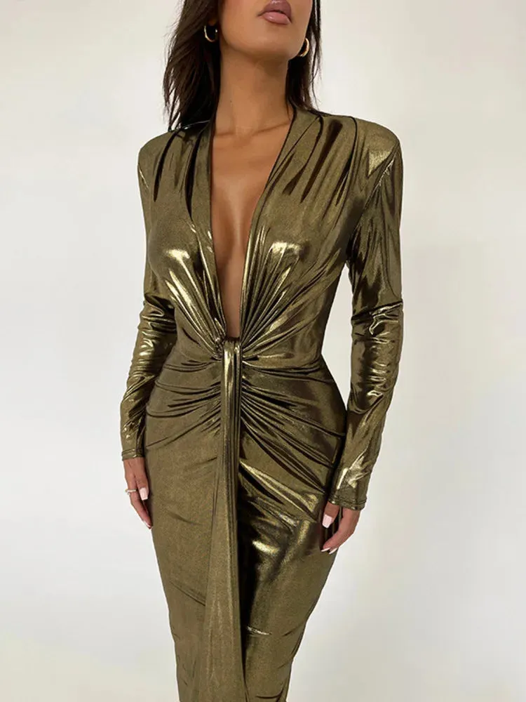 Glitter V Neck Long Sleeve  Maxi Dress  Shiny Sexy PU Leather Dress