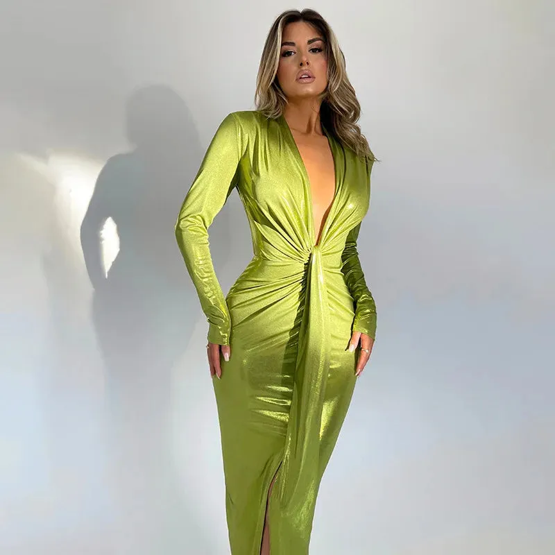 Glitter V Neck Long Sleeve  Maxi Dress  Shiny Sexy PU Leather Dress