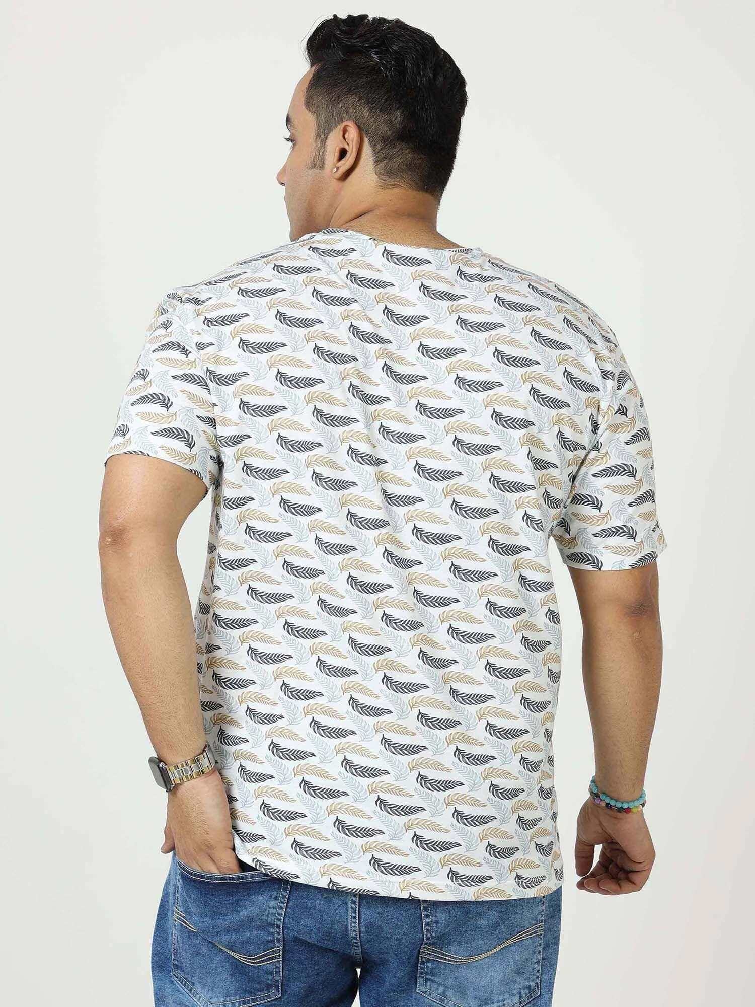 Golden Grey Leaf Digital Printed Round Neck T-Shirt Men's Plus Size