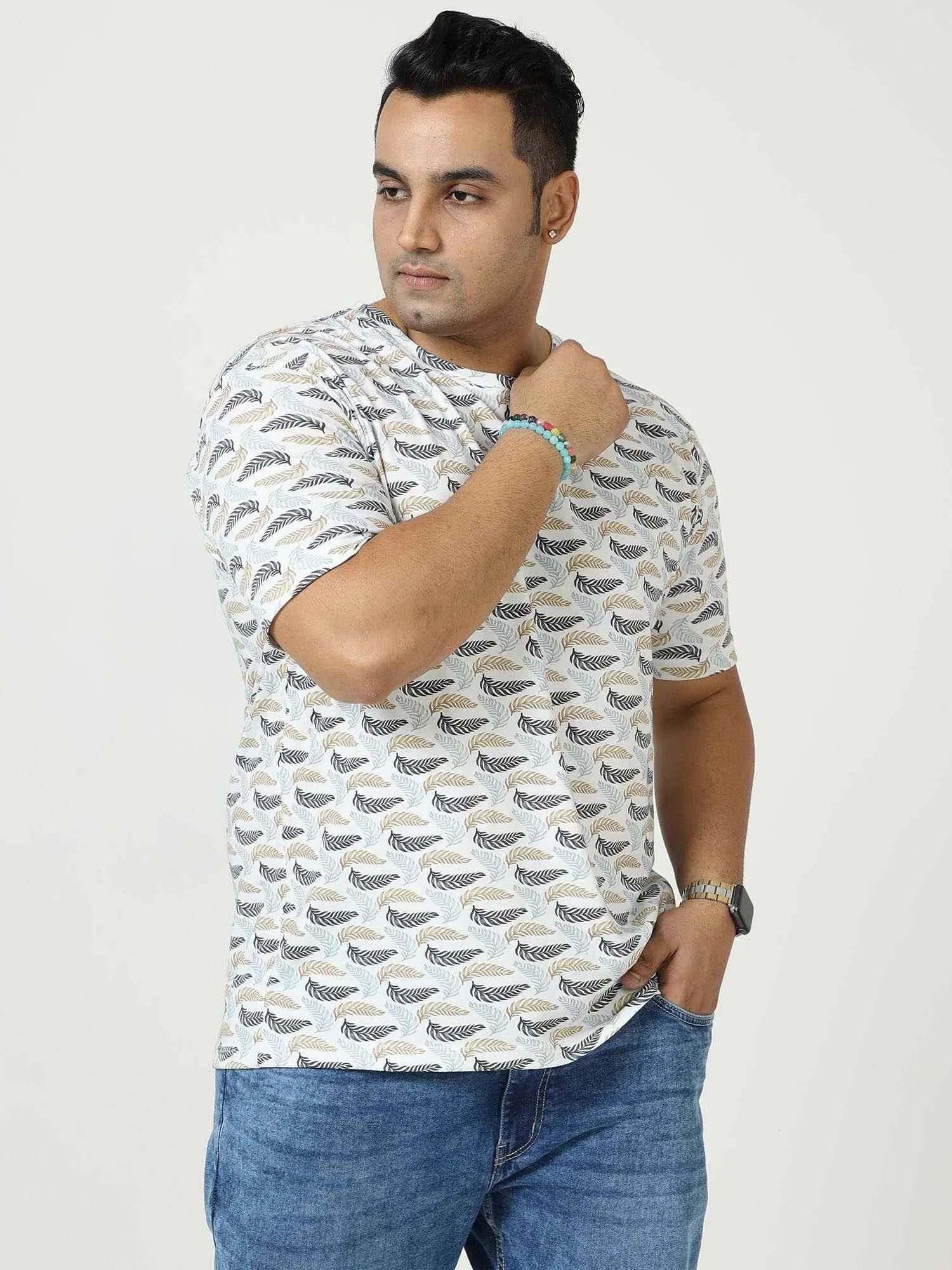 Golden Grey Leaf Digital Printed Round Neck T-Shirt Men's Plus Size