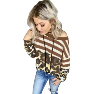 Good Quality Wholesale Clothing Stitching Leopard Print Long-Sleeved Round Neck Women Sweatshirt T-Shirt