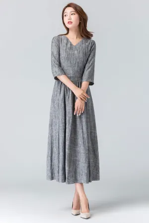 gray linen dress, linen summer dress, midi length dress, pleated dress 1909#