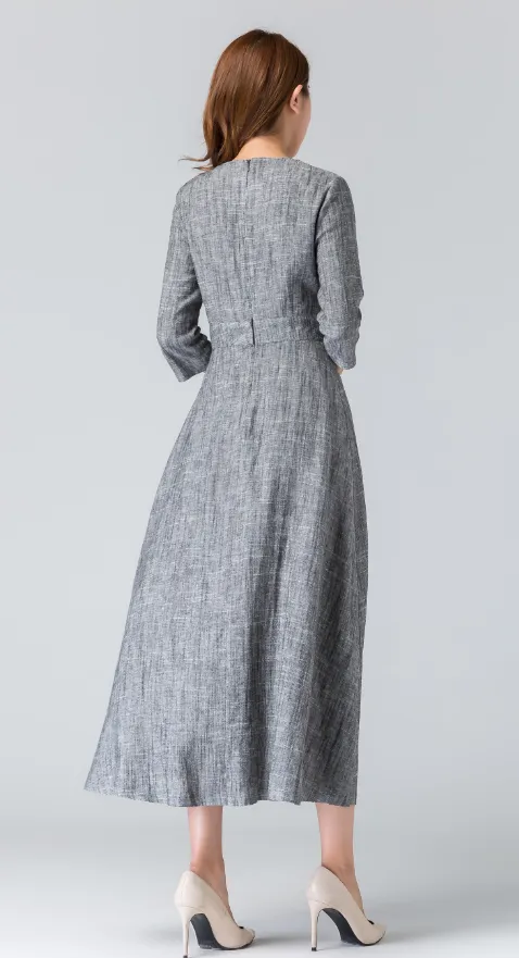 gray linen dress, linen summer dress, midi length dress, pleated dress 1909#